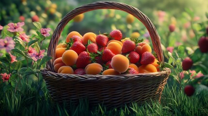 A basket of fresh spring fruits like strawberries, peaches, and apricots, vibrant and healthy, ultra-detailed, 8k