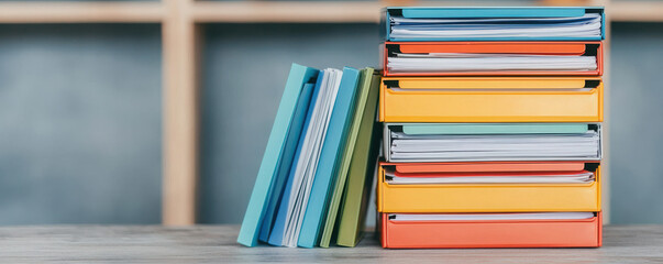 Colorful folders on shelves symbolize organized records and efficient workspace. vibrant colors enhance aesthetic appeal while promoting productivity and order