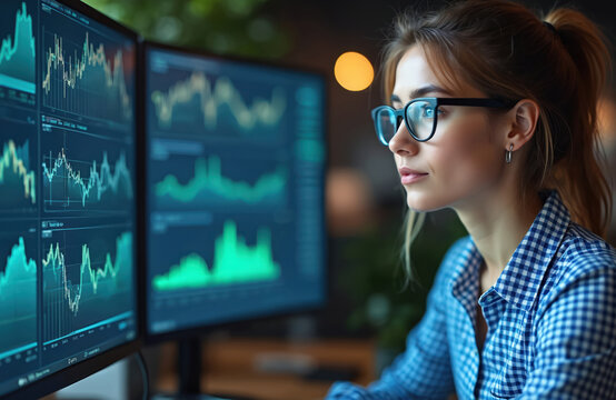 Young woman analyst works at computer with economic graphs. Financial charts displayed on screen. Software specialist analyses data, information. Businesswoman monitors market. Finance broker sitting - Powered by Adobe