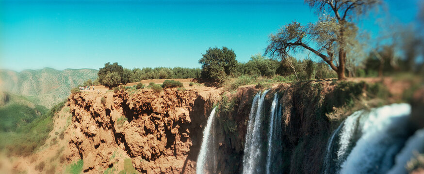 Panoramic view of waterfall, Ouzoud Waterfalls, Grand Atlas, Tanaghmeilt, Azilal, Marrakesh, Morocco.