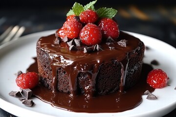 Fudge chocolate cake topped with raspberries and sugar