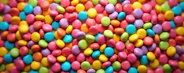 Pile of colorful candy chocolate lentils background. Heap of sugar glazed sweets, confectionery. Texture full of bright rainbow colors. Backdrop for confectionery shop, candy store. Sweet tooth