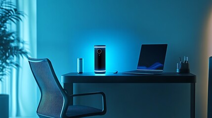 A stylish minimalist workspace with a black desk, a laptop, and a smart speaker.  home office setup.