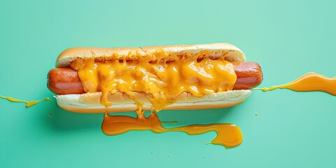Cheese-stuffed hot dog with molten cheddar flowing on a bright green background