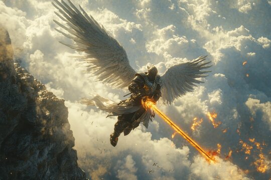 Seraph Angel in Armor with Flaming Sword Hovering in Heavenly Background - Powered by Adobe