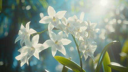 Fototapeta premium Sunlit white orchids in lush green forest.