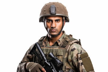 Indian Soldier in Uniform on White Background &ndash; Proud, Disciplined, and Brave Military Man Representing Strength, Leadership, and Commitment to Service in the Indian Army with Honor and Courage