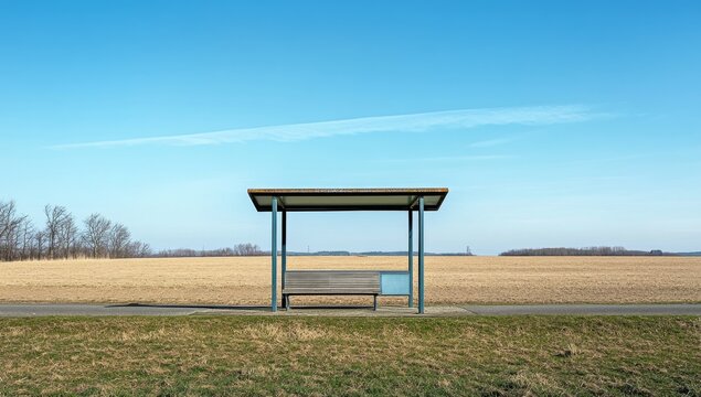 Empty bus stop, sunny day, vast field