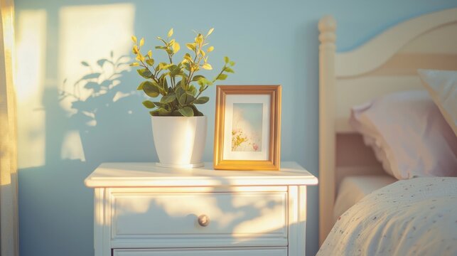 Sunlight illuminates bedroom nightstand with plant and photo frame.
