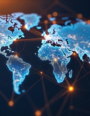 Global logistics network map with glowing connections between continents. International trade supply chain concept visualization. Blue digital datum pattern abstract futuristic diagram. Business