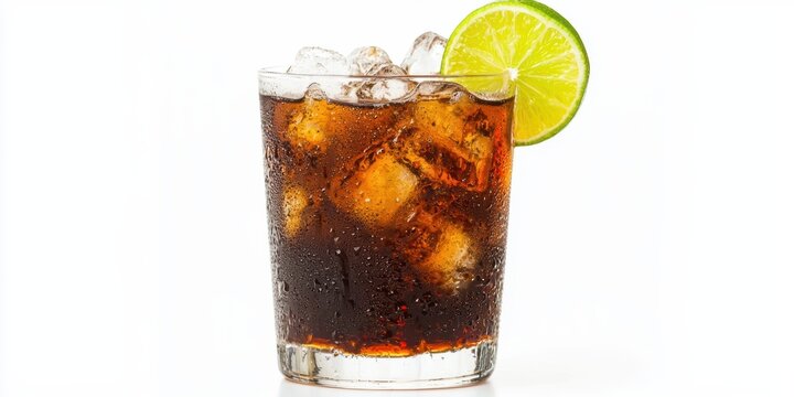 Classic rum and cola cocktail with a lime wedge isolated on white background