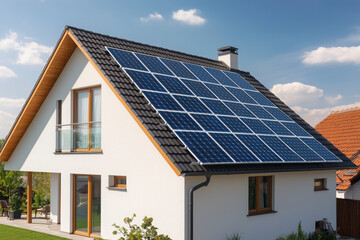 Fototapeta premium Modern eco friendly home with solar panels on roof, showcasing sustainable energy solutions and bright, sunny day. This house emphasizes energy efficiency and modern design