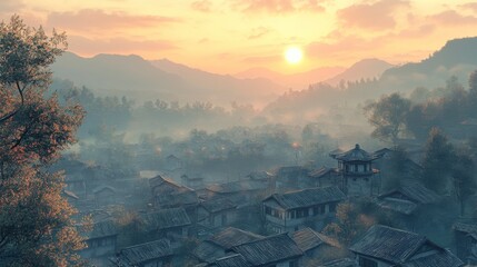 A serene sunrise illuminates a misty valley, revealing traditional houses nestled among rolling hills and lush trees.