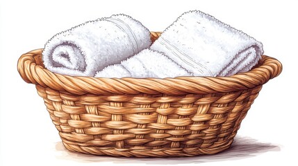 wicker basket with neatly folded white towels isolated,cartoon illustration style
