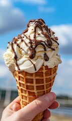 Vanilla ice cream topped with chocolate on a waffle cone, sky background