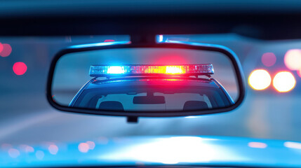 Police lights flash in rearview mirror, symbolizing law enforcement presence and urgency on road. scene captures moment of tension and alertness