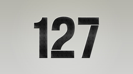 3D Bold metal number 127 on silver background.