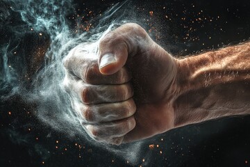 Fototapeta premium Dynamic Gesture Illustrating the Force and Impact of Energy Flowing Through a Hand in Black and White
