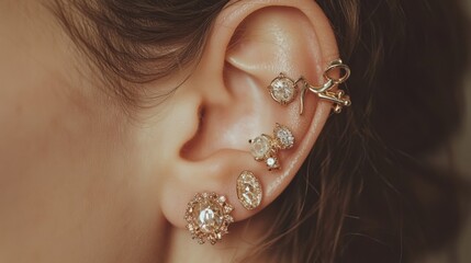 Close-up of a person's ear. the ear is pierced and the person is wearing a pair of earrings.