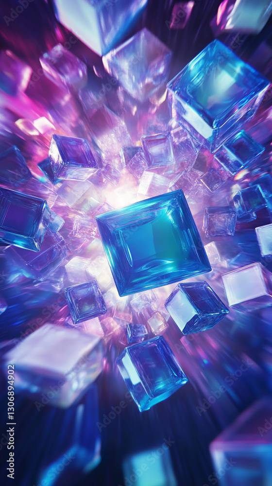 Aufkleber abstract image of vibrant blue and purple glass cubes, floating against a dark background, creating 