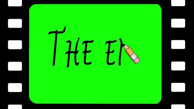The End credits written in black pencil in a comical "on write" style against a running film strip. Cartoon style, chromakey, frames, layout