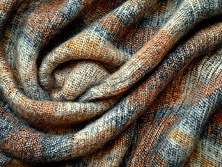 A close-up reveals the intricate texture of a brown and green plaid fabric, its fibers interlacing in a pattern of squares, creating a warm and inviting visual. 