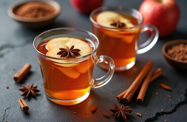 Hot mulled apple cider with cinnamon sticks, anise stars served in glass mugs. Warm winter alcohol beverage with spices, apple slices, orange zest, sugar. Comforting fruity holiday drink for cozy