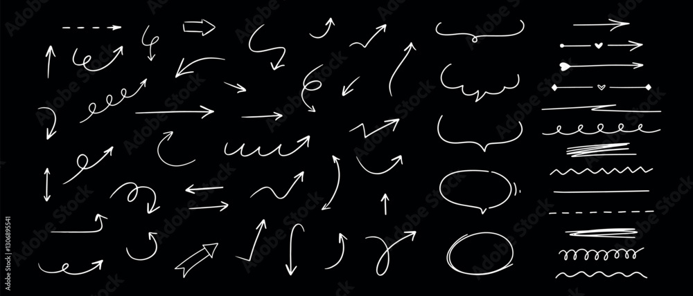 Aufkleber hand drawn different line elements. doodle sketch style arrows, scribbles, speech bubbles and underl