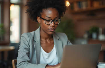 Focused young african american businesswoman works on laptop in cafe. Serious black woman studies with computer online research. Freelance woman sits in cafeteria drinks coffee. Portrait of
