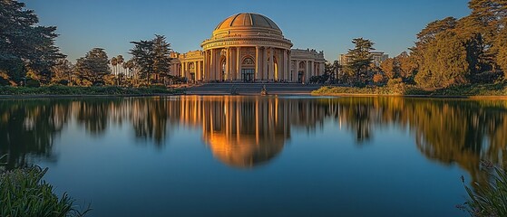 Obraz premium Dome building reflected in lake, surrounded by trees, golden hour, serene view