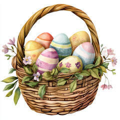 Easter basket with colorful eggs and flowers isolated on white background, watercolor illustration