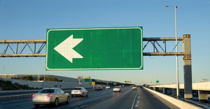 Classic green rectangular exit only highway sign white arrows floating multi lane freeway illuminated car headlights