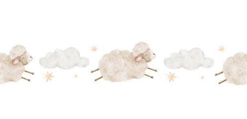 Jumping sheep, clouds and stars. Watercolor nursery seamless border. Good night lane background of dreamy lamb animal for scrapbook, textile, linen, baby shower, wallpaper © Fedulova_art