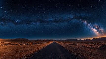 A stunning view of a starry night sky over a desert road, showcasing the Milky Way and a clear horizon under the vast expanse.