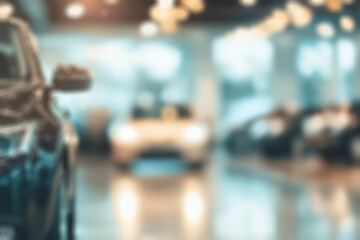 Luxury automobile dealership interior with blurred vehicles and abstract bokeh effect creates a modern, elegant atmosphere