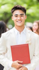 Fototapeta premium Young man in formal suit holding certificate with radiant smile in outdoor setting with people in background
