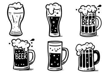 Hand drawn beer black doodle icons set. Vector silhouette bottle and pint of beer. 