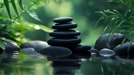 Black Stones Stacked on Calm Water Surface