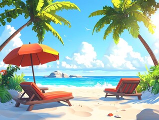 Obraz premium Playful outdoor cartoon beach furniture scene, chaise lounges and tables, palm trees, sunny sky, fun colors, relaxing beach atmosphere