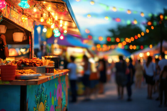 Vibrant food truck attracts crowds at an open-air festival filled with colorful lights and festive energy