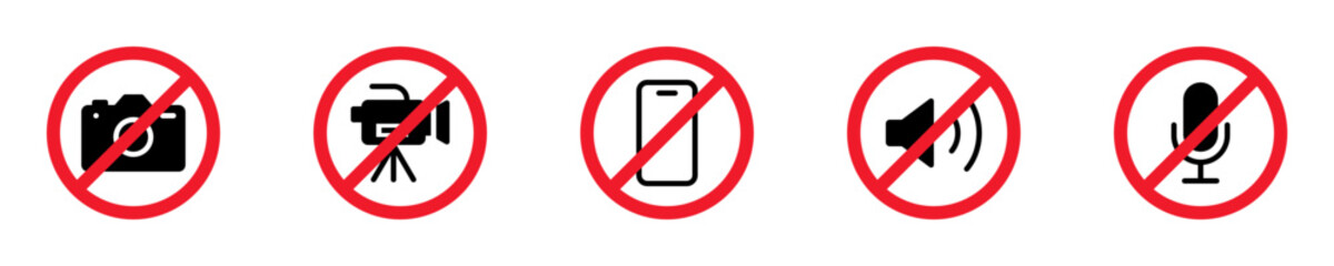 No record icon set. Video, photo, phone, sound, micro, recording forbidden. Warning label. Vector illustration.