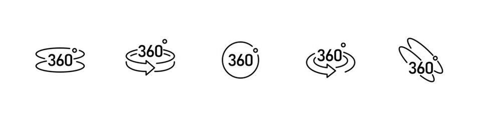 360 degrees arrow icon set. Rotation or panoramas to 360 degrees icon. Circle signs vertical, horizontal and diagonal 360 degrees view. Virtual reality. Rotate cycle. Vector illustration.