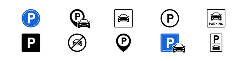 Car parking icon set. Parking place symbol. Parking and traffic sign. Vector illustration.