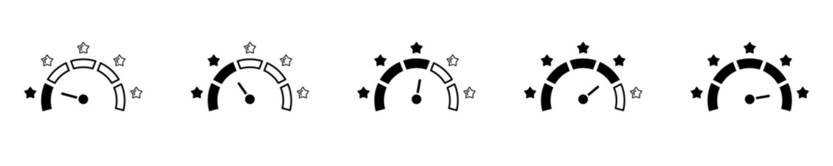 Rating scale meter icon set. Tachometer, speedometer, indicators, score symbols. Feedback scale with star. Review score with star. Indicator icons. Vector illustration.