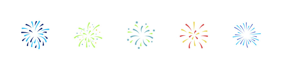 Firework icon set. Exploding fireworks. Confetti, sparkler, salute, petard, firecracker icons. Celebration and holiday signs. Vector illustration.