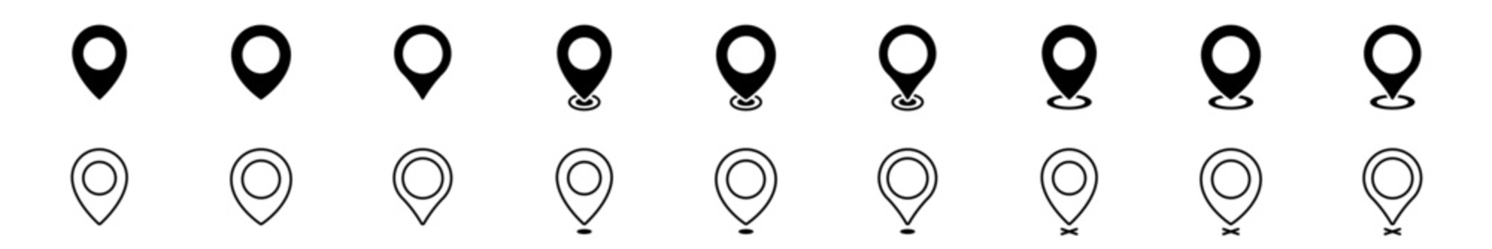 Location pointer pin icon set. Navigation marker.  Place indicator. Map pin place marker. Position symbol. Vector illustration.