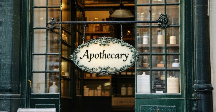 Classic wrought iron sign apothecary deep green soft ivory hanging outside old fashioned pharmacy softly glowing dim streetlights