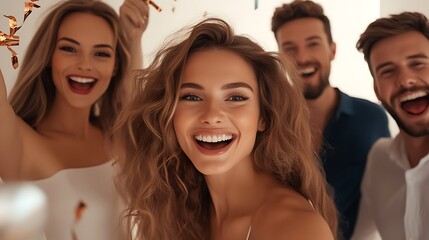 Fototapeta premium Joyful Friends Celebrating Together with Smiles and Laughter in a Bright Indoor Setting