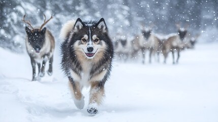 Naklejka premium a Finnish Lapphund herding reindeer in a snowy Scandinavian landscape.