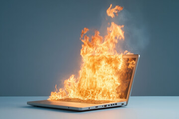 Laptop engulfed in flames on a table with a blue background
